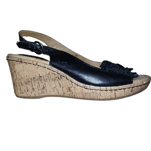 b.o.c. Black Leather Cork Wedge Sandals Size 8